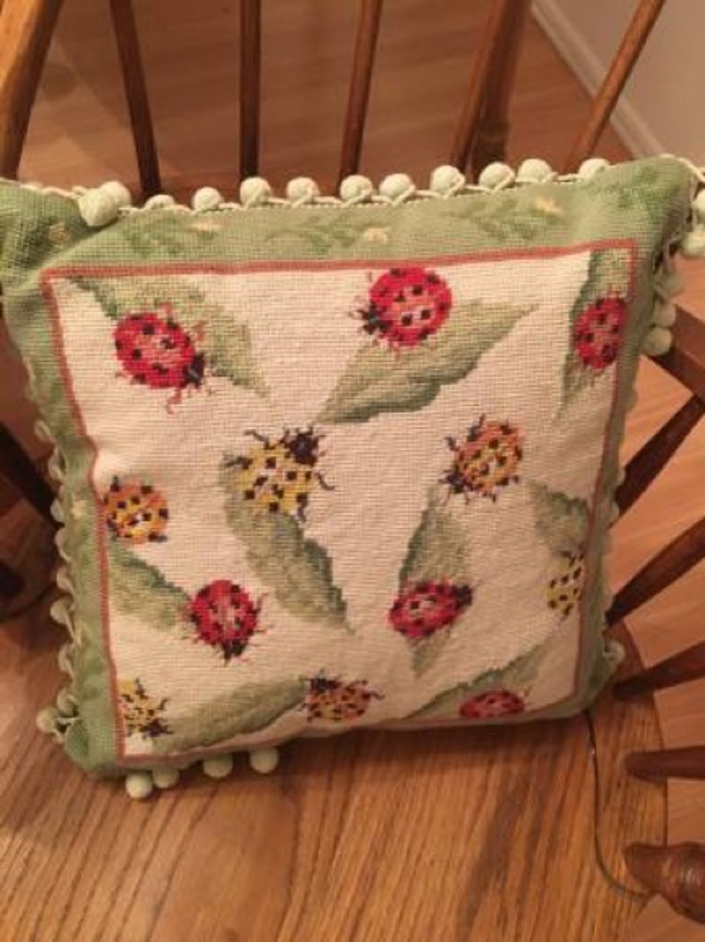 Vintage needlepoint ladybug pillow